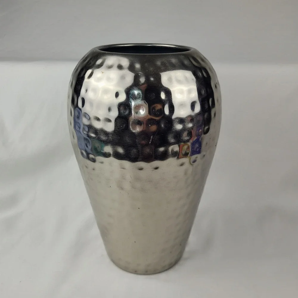 Hammered Silver Metal Vase Modern Dimpled Decorative Floral Urn